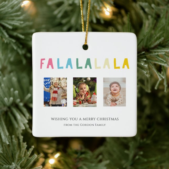 Pastel Christmas Quote Fa La La 3 Photo Collage   Ceramic Ornament (Tree)