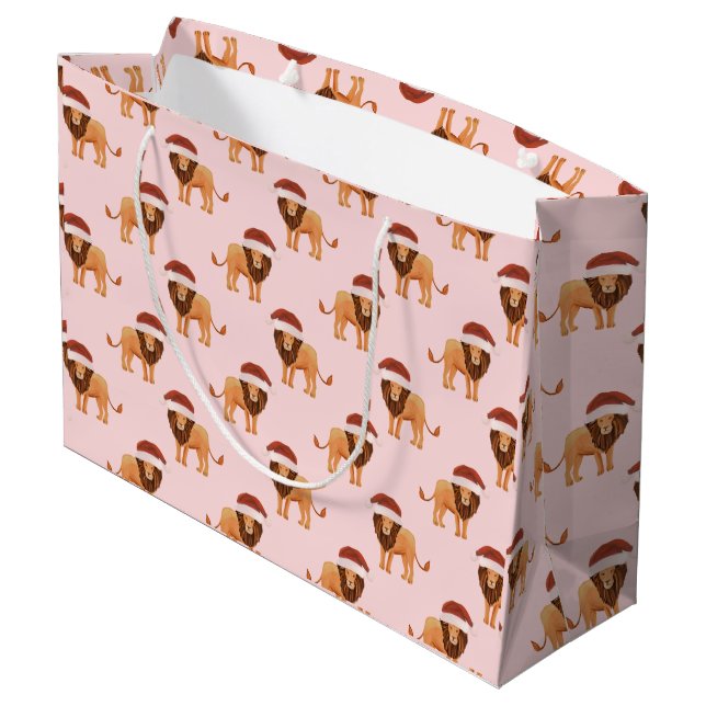 Pastel Christmas Safari Animals Pink Lion Large Gift Bag (Back Angled)