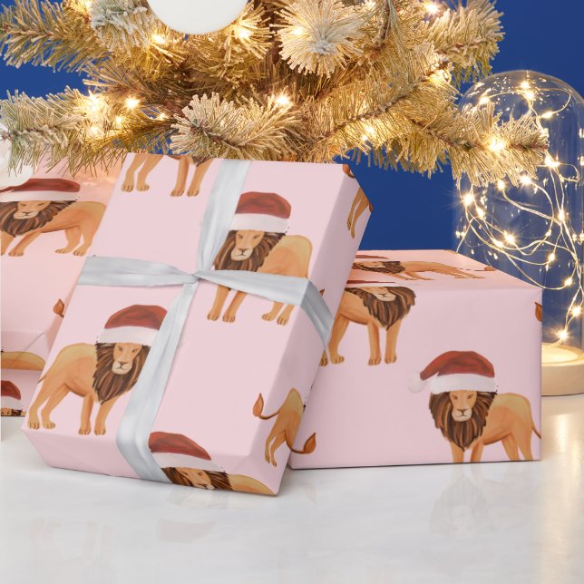 Pastel Christmas Safari Animals Pink Lion  Wrapping Paper (Holidays)