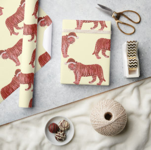 Pastel Christmas Safari Animals Pink Tiger Wrapping Paper