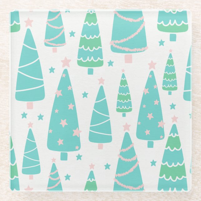 Pastel Christmas Tree Forest Glass Coaster (Front)