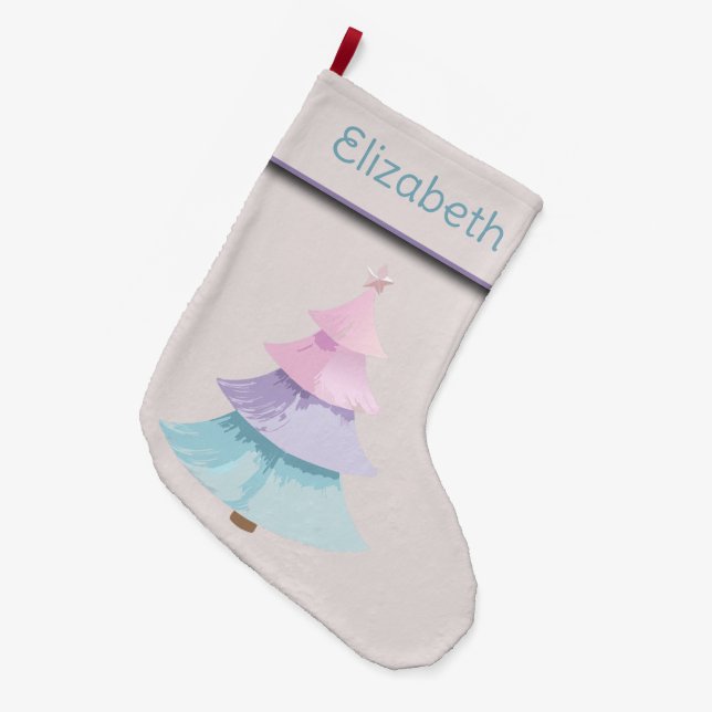 Pastel Christmas Tree Large Christmas Stocking (Front (Hanging))