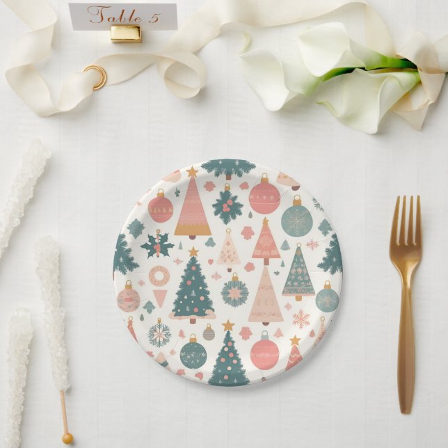 Pastel Christmas Tree Ornaments Holiday Paper Plate (Wedding)