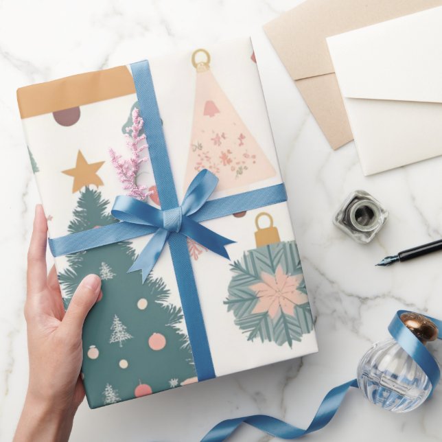 Pastel Christmas Tree Ornaments Holiday Wrapping Paper (Gifting)