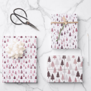 Pastel Christmas Tree Pattern Burgundy and Silver Wrapping Paper Sheet