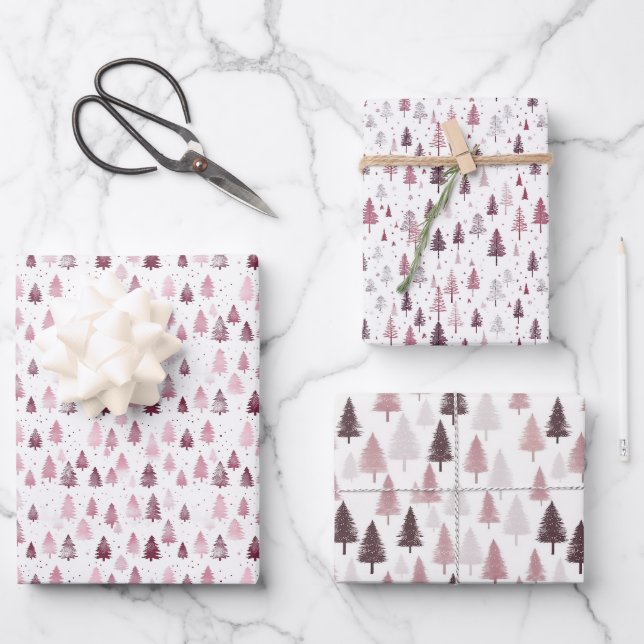 Pastel Christmas Tree Pattern Burgundy and Silver Wrapping Paper Sheet (Front)