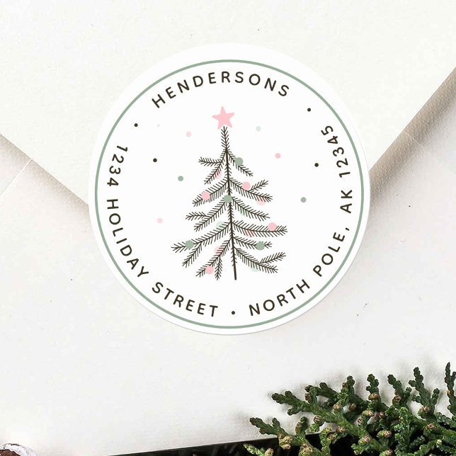 Pastel Christmas Tree Return Address Classic Round Sticker (Creator Uploaded)