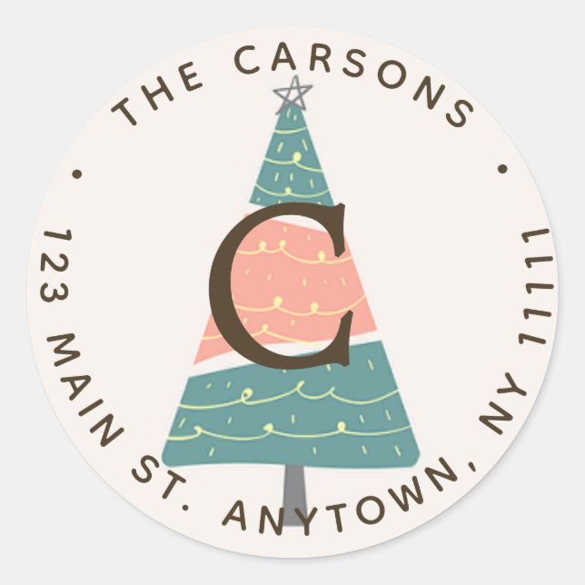 Pastel Christmas Tree Round Return Address Label (Front)