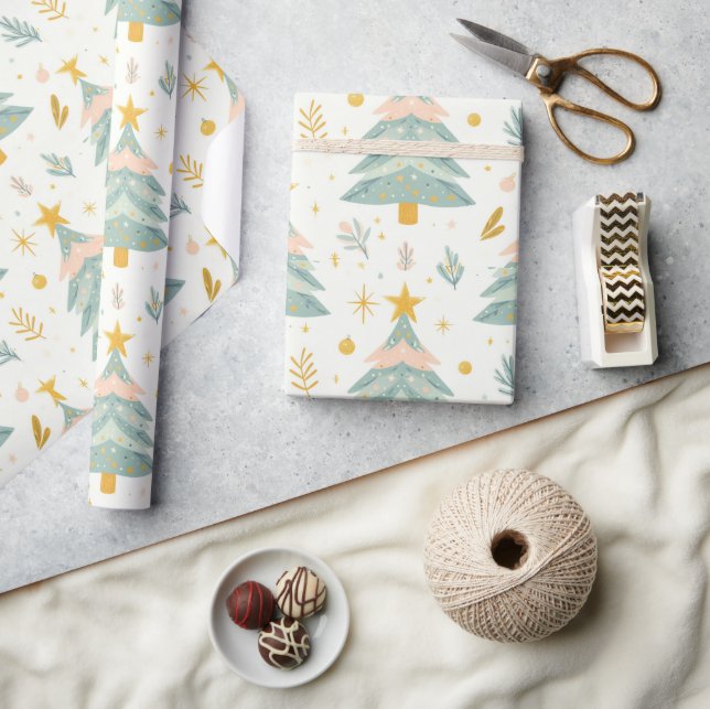 Pastel Christmas tree with gold star Wrapping Paper (Crafts)