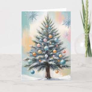 Pastel Christmas Tree with Ornaments and Snowflake Holiday Card