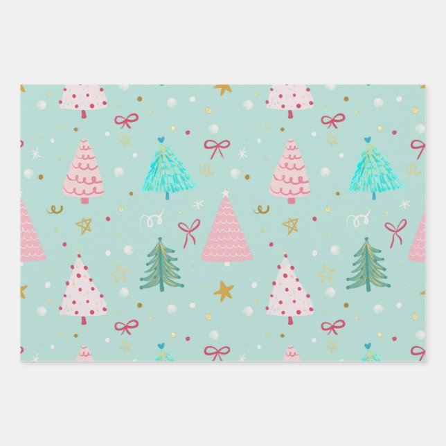 Pastel Christmas Tree Wrapping Paper (Front)