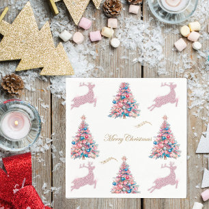 Pastel Christmas Trees and Reindeer Christmas Napkin