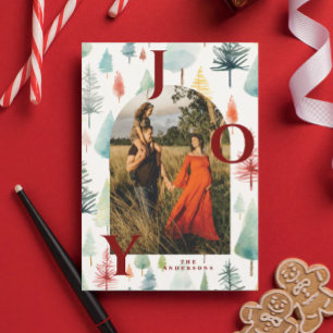 Pastel Christmas Trees Arch Photo Red Joy Holiday Card