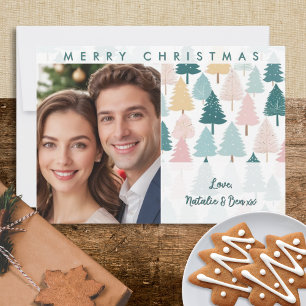 Pastel Christmas Trees Pattern Custom Photo Holiday Card
