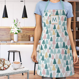 Pastel Christmas Trees Pattern Monogrammed Kitchen Apron