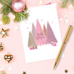 Pastel Christmas Trees 'Tis the Season Holiday Card<br><div class="desc">This pretty Christmas holiday card features several modern geometric Christmas trees in smoky pastel shades of pink, mauve, purple, green and cinnamon. It also includes gifts in similar shades, falling snowflakes and script text that reads: 'Tis the Season. This cute card is the perfect complement to any pastel or pink...</div>