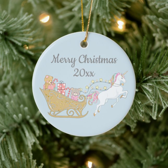 Pastel Christmas Unicorn Santa's Sleigh Baby Blue Ceramic Tree Decoration (Tree)