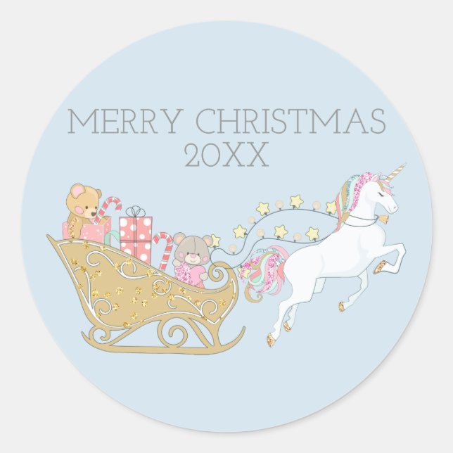 Pastel Christmas Unicorn Santa's Sleigh Baby Blue Classic Round Sticker (Front)