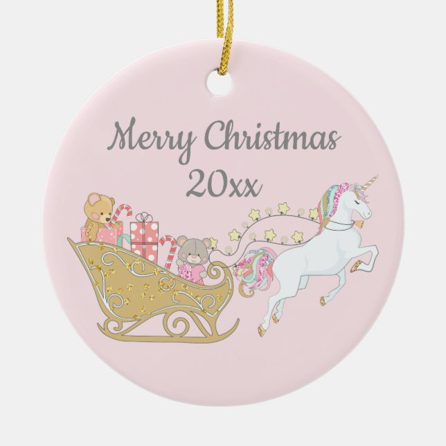 Pastel Christmas Unicorn Santa's Sleigh Pink Ceramic Tree Decoration (Front)