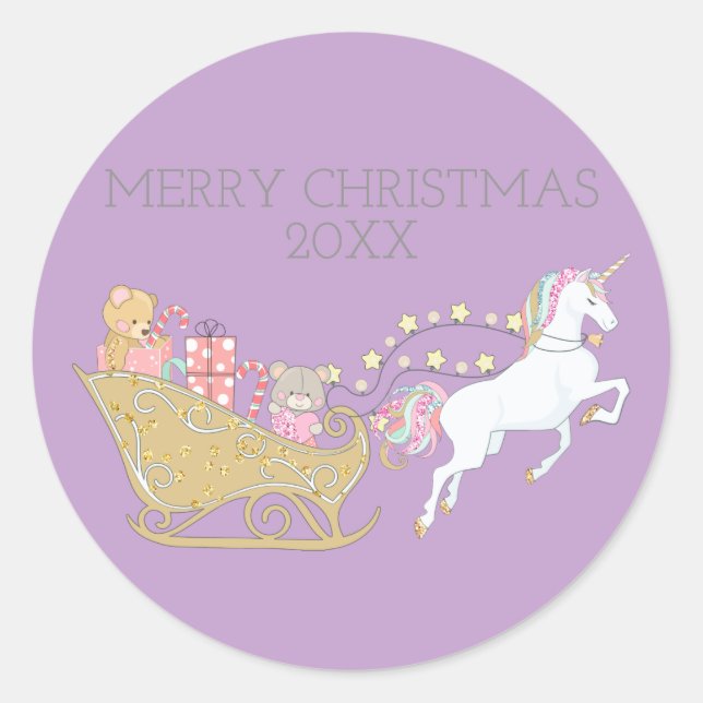 Pastel Christmas Unicorn Santa's Sleigh Purple Classic Round Sticker (Front)
