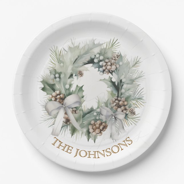 Pastel Christmas Wreath & Custom Name Paper Plates (Front)
