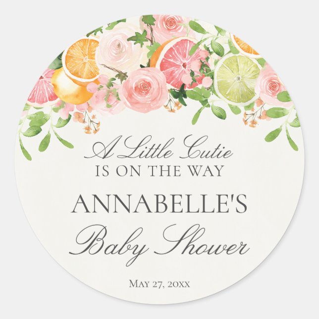 Pastel Citrus Floral Cutie Baby Shower Favour Classic Round Sticker (Front)