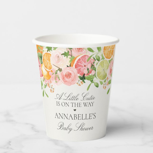 Pastel Citrus Floral Little Cutie Baby Shower Paper Cups (Front)