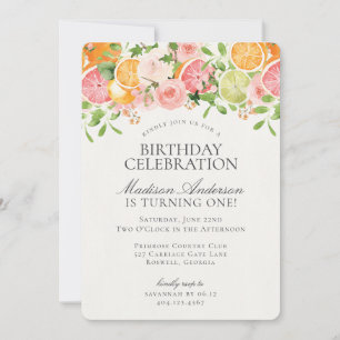 Pastel Citrus Floral Little Cutie Birthday Party Invitation