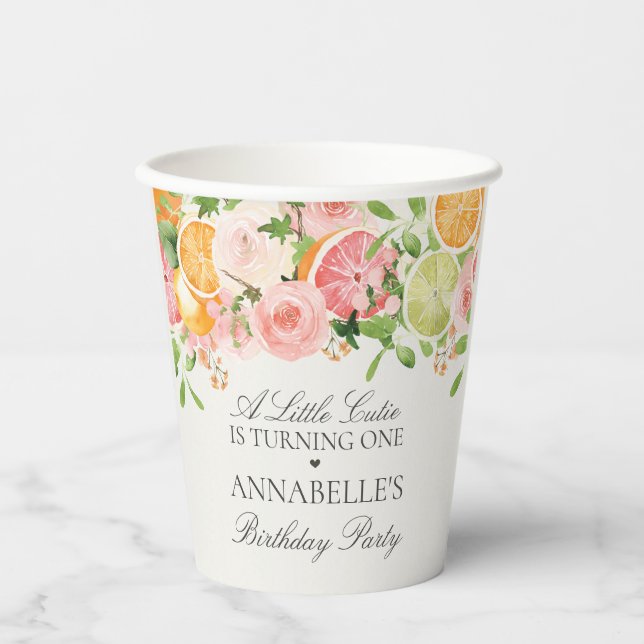 Pastel Citrus Floral Little Cutie Birthday Party Paper Cups (Front)