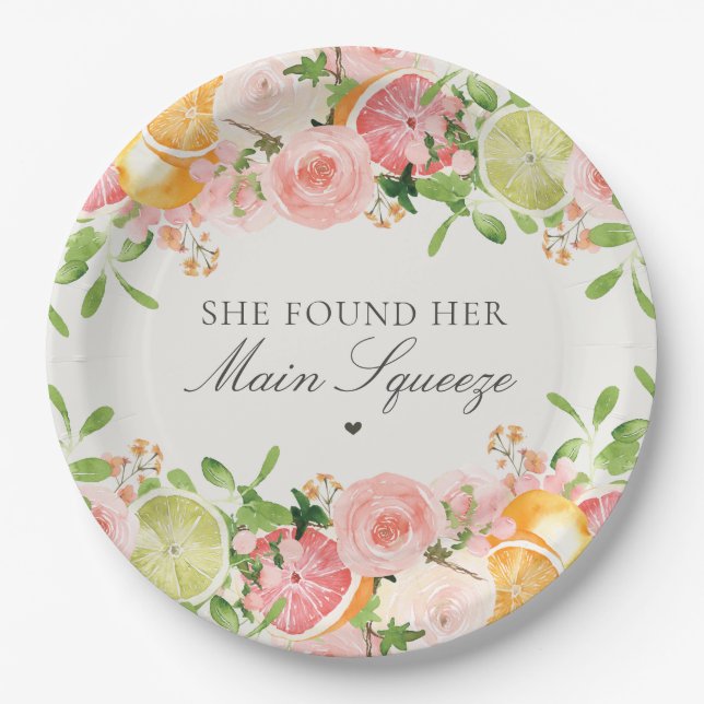 Pastel Citrus Floral Main Squeeze Bridal Shower Paper Plate (Front)