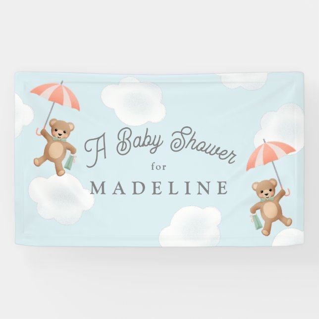 Pastel Classic Teddy Bear Peach Blue Baby Shower Banner (Horizontal)