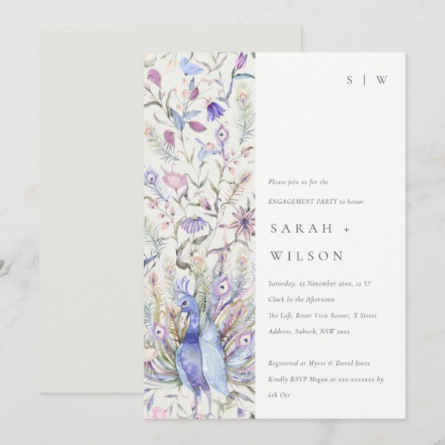 Pastel Classy Ornate Watercolor Peacock Engagement Invitation (Front/Back)