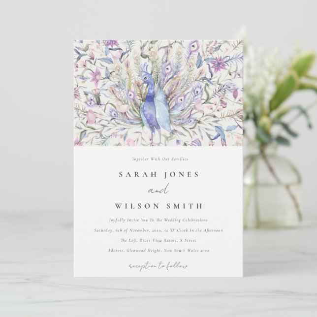 Pastel Classy Ornate Watercolor Peacock Wedding Invitation (Standing Front)