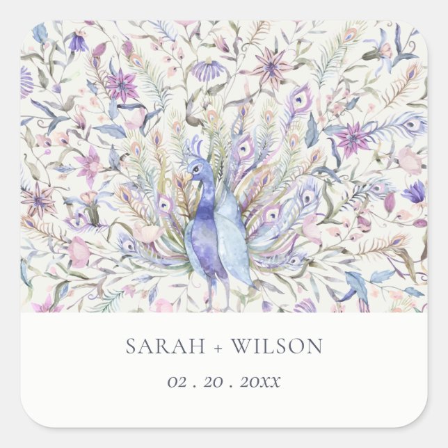 Pastel Classy Ornate Watercolor Peacock Wedding Square Sticker (Front)