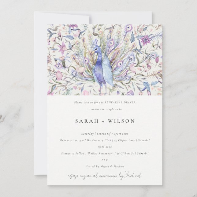 Pastel Classy Watercolor Peacock Rehearsal Dinner Invitation (Front)