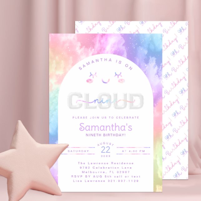 Pastel Cloud Nine 9th Birthday Invitation for Girl (Cloud Nine Birthday Party Invitation)