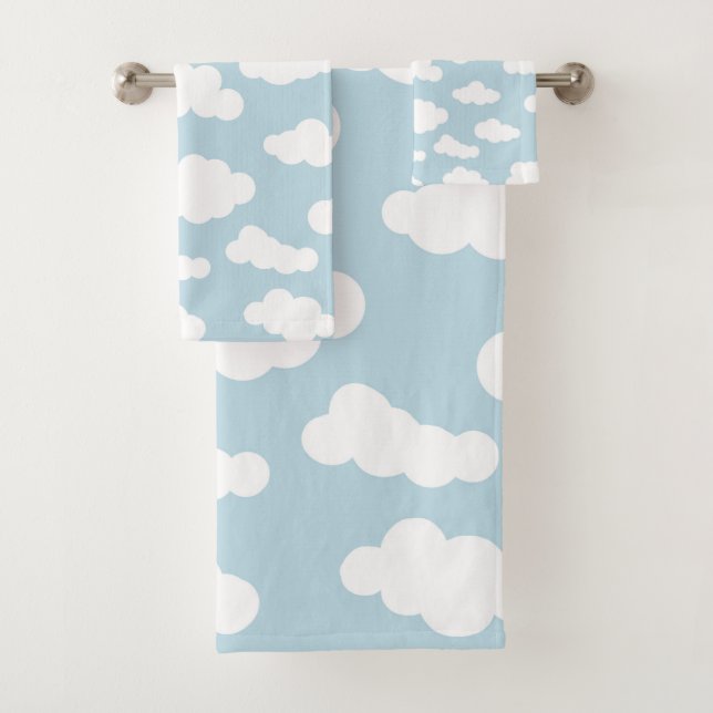 Pastel Clouds Aesthetic Baby Blue And White Bath Towel Set (Insitu)