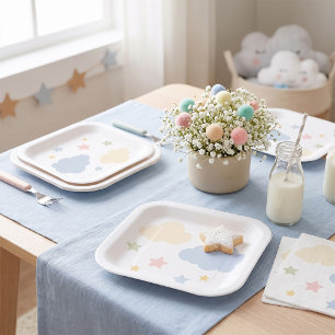 Pastel Clouds and Stars Baby Shower Paper Plate