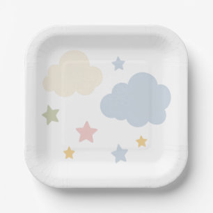 Pastel Clouds and Stars Baby Shower Paper Plate
