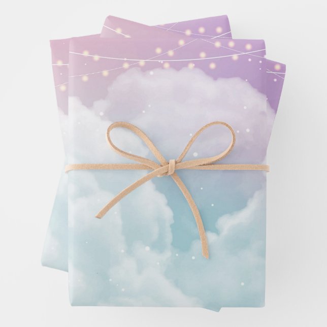 Pastel Clouds & Fairy Lights Wrapping Paper Sheets (In situ)