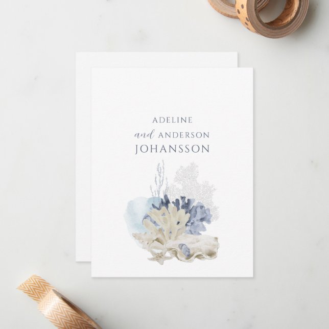 Pastel Coastal Coral Seashell Couple Names Card (Front/Back In Situ)
