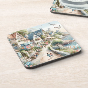 Pastel Coastal Cottage Village Escape Coaster