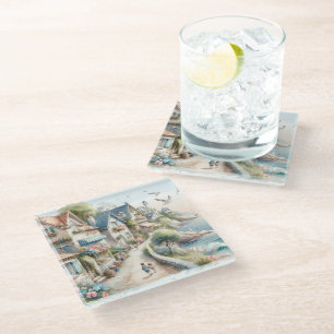Pastel Coastal Cottage Village Escape Glass Coaster