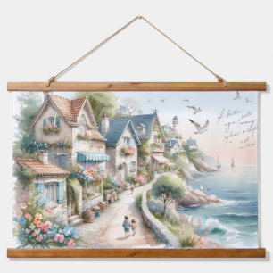 Pastel Coastal Cottage Village Escape Hanging Tapestry