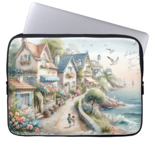 Pastel Coastal Cottage Village Escape Laptop Sleeve