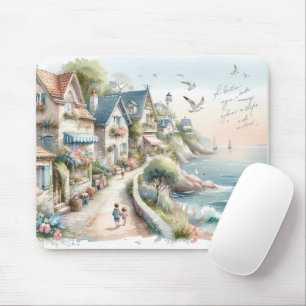 Pastel Coastal Cottage Village Escape Mouse Mat