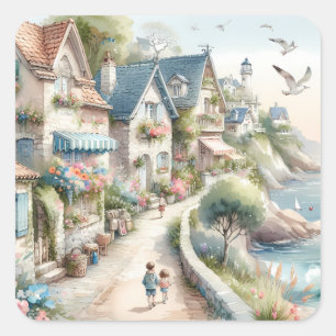 Pastel Coastal Cottage Village Escape Square Sticker