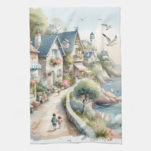 Pastel Coastal Cottage Village Escape Tea Towel