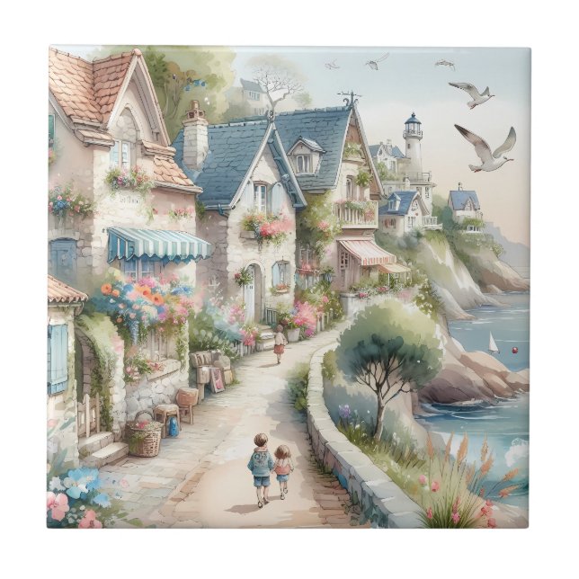 Pastel Coastal Cottage Village Escape Tile (Front)