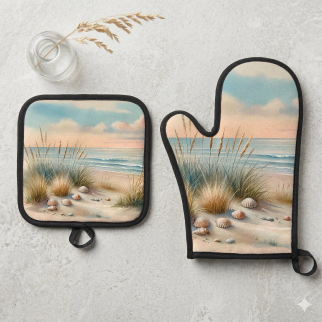 Pastel Coastal Dunes Watercolor Oven Mitt & Pot Holder Set (Pastel Coastal Dunes Watercolor Oven Mitt & Pot Holder Set On Kitchen Island)